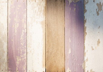 Beautiful, vintage and old wood plank wall with pale white, purple, brown peeled paint, neatly arranged with warm sunlight.
