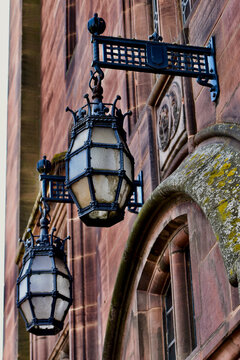 Closeup Of Two Old Lanterns On The Building Of Coventry City Council, View From St. Mary Street, Coventry, England, UK