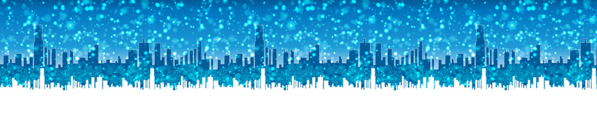 Fototapeta na wymiar Panorama of winter cityscape background. Abstract snowy silhouette of a city landscape.