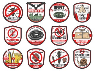 Pest control icons, disinfection, extermination and deratization service, vector signs. Insects and rodents pest control, home disinfestation from rats, bugs and moth, snakes and cockroaches