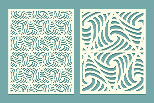 Die and laser cut screen panels with doodling curls pattern. Laser cutting decorative lace borders patterns. Set of Wedding Invitation or greeting card templates.