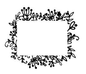 vector frame of natural elements, twigs with leaves and berries around a white empty rectangle. a rectangular plant frame made of hand-drawn doodle-style leaves with swirls and heaped berries with a b