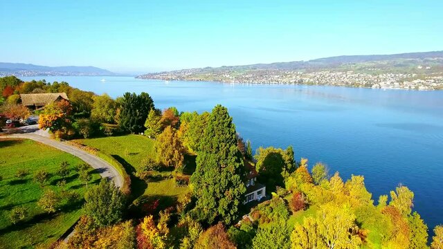 Aerial shot, Lake Zurich and surrounding nice view, near Au village, Switzerland