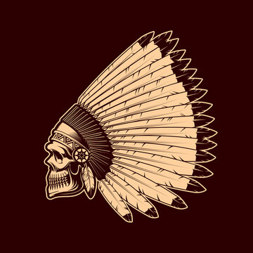Indian skull vector sketch with Native American chief feather headdress. Hand drawn human skeleton head of apache or cherokee tribe warrior wearing war bonnet with feathers, tattoo or mascot design