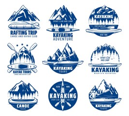 Kayaking, rafting and canoeing sport vector icons with kayak, canoe and raft boats, paddles, mountain lake and river, teams of kayakers and canoers. Extreme sport club, tour and camp emblems design - obrazy, fototapety, plakaty
