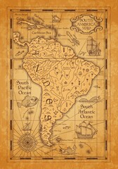 Fototapeta na wymiar Antique map of South America, vector old parchment with continent, islands and mountains, vintage sea ships, nautical compass rose and ancient ocean monsters. Adventure, cartography and marine journey