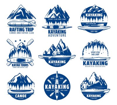 Kayaking, rafting and canoeing sport vector icons with kayak, canoe and raft boats, paddles, mountain lake and river, teams of kayakers and canoers. Extreme sport club, tour and camp emblems design