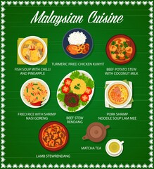 Malaysian food and Asian cuisine menu dishes, vector lunch and dinner meals. Malaysian cuisine traditional cried chicken with turmeric, beef potato stew, rice with shrimps, fish soup and matcha tea