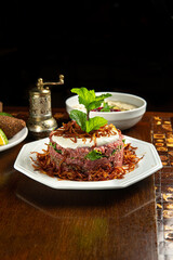 Traditional Middle Eastern food. Lebanese food. Arabian raw lamb meat plate