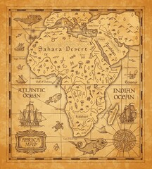 Obraz na płótnie Canvas Antique map of Africa on old parchment. Vector African continent with islands, sea and oceans, mountains, deserts and rivers, vintage sail ship, boat, nautical compass rose and ancient monster fish