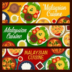 Malaysian cuisine food dishes, Asia restaurant menu vector banners. Malaysian traditional food of chicken with turmeric curry and rice, beef and lamb meat stew, matcha tea and fish soup with pineapple