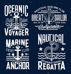 Ship anchor t-shirt print vector templates. Admiralty or fisherman, stockless anchor and retro typography. Nautical sailing or yacht club regatta competition emblem, yachtsmen apparel custom print © Vector Tradition