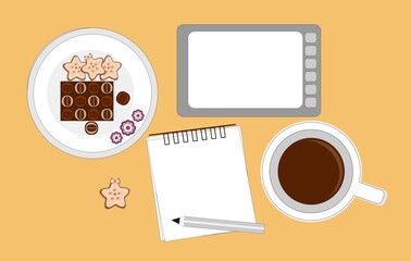 Tablet, notebook, pencil, glass of coffee, chocolate and cookies on a plate on an orange background. Illustration of a set of items for working remotely from home