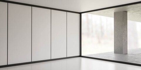 modern minimalistic design living room with big windows and open front with forest view and balcony 3d render illustration