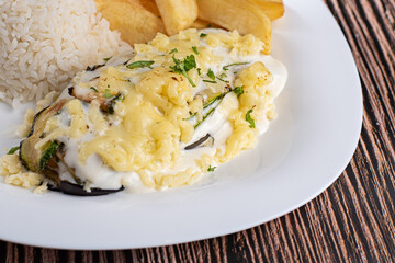 Dish Made - Eggplant Lasagna with White Sauce and Cheese, Rice and Rustic Potato