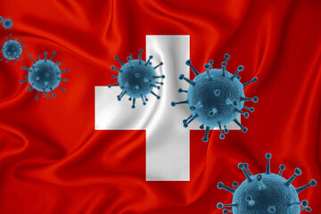 Switzerland flag. Blue viral cells, pandemic influenza virus epidemic infection, coronavirus, infection concept. 3d-rendering. - obrazy, fototapety, plakaty