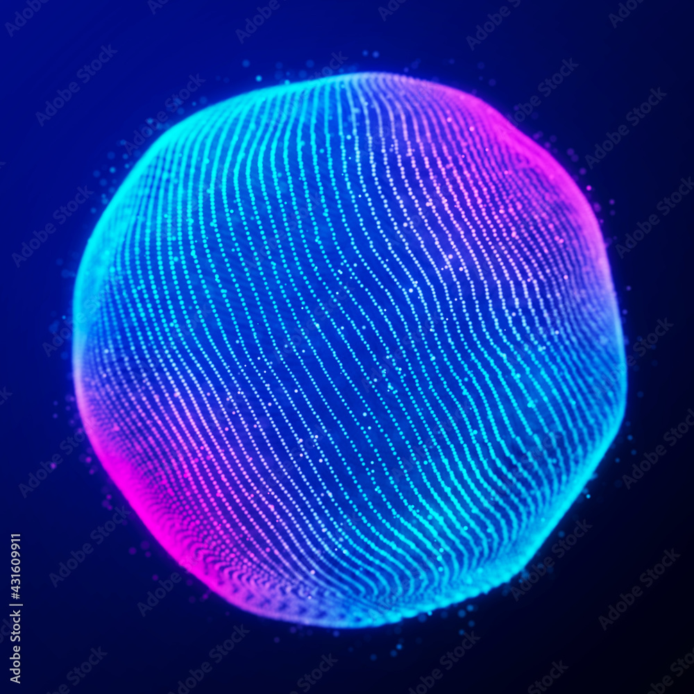 Poster Abstract 3d sphere. Sphere with twist lines. Glowing lines twisting Logo design. Outer space object. Futuristic technology style. Sphere particles. 3d rendering.
