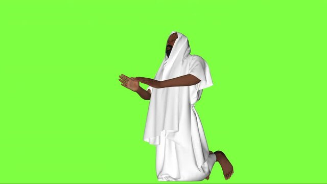 man beginning to pray, with realistic clothes simulation, green screen 3d animation