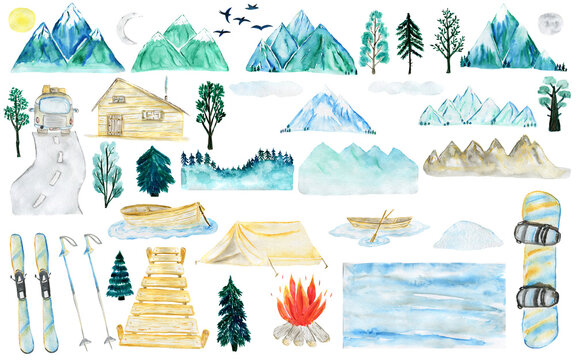 Watercolor Mountains. Clipart with mountains, boat, sun, moon, birds, trees, spruce, fir, oak, car, road, wooden house, forest, rock, ski, wooden bridge, fire, snowdrift, snow, snowboard, wooden boat.