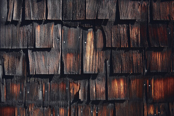 wooden tile on wall of old house. weathered wooden shingles 