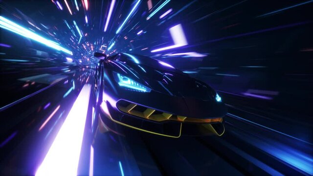 4K looped Speed racing fake 3D Video game car in front. Neon tunnel
