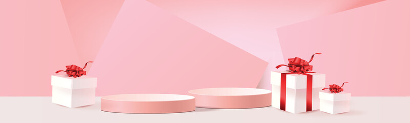  3d podium pink modern background and gifts box illustration vector for shopping online sale vector illustation valentine.