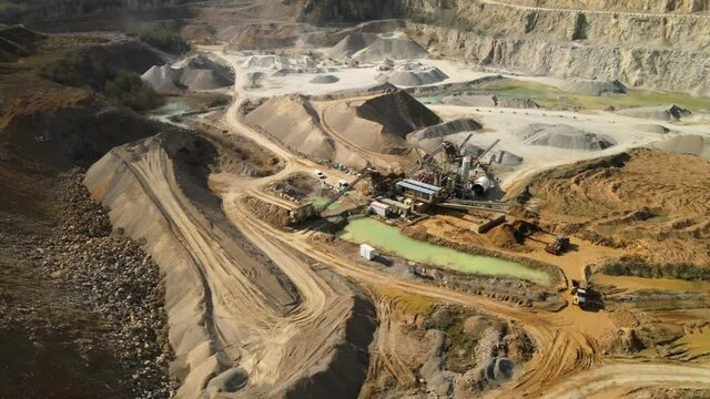 Aerial shot of limestone processing plant at mine. parallax shot.