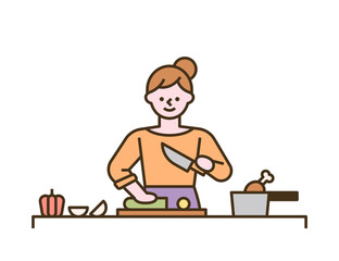 A woman is cooking by chopping vegetables on a cutting board. flat design style minimal vector illustration.