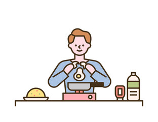 A man is breaking an egg on a frying pan. flat design style minimal vector illustration.