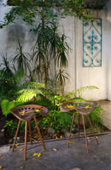 Two retro seats on a little cozy garden.