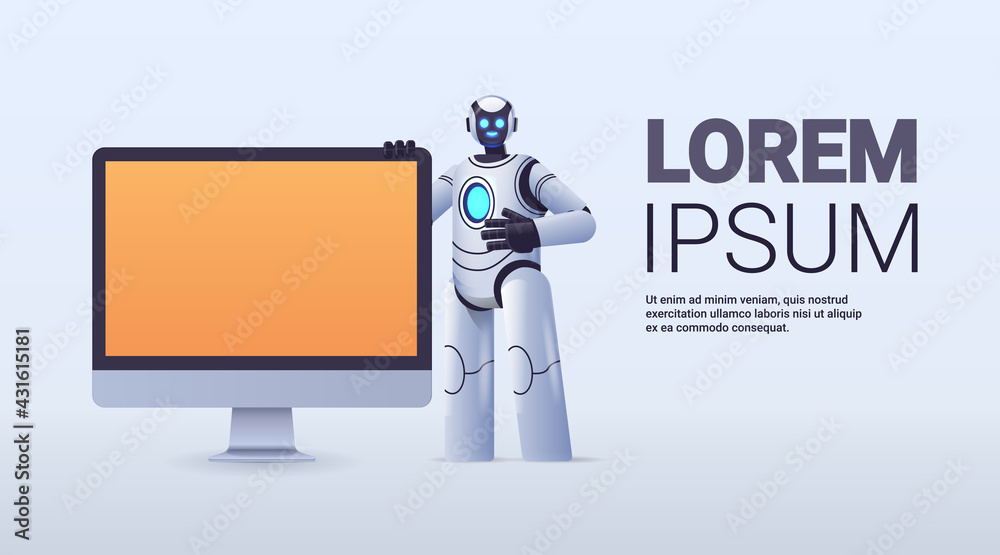 Poster robot cyborg standing near computer monitor robotic character artificial intelligence technology con