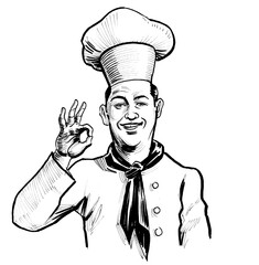 Naklejka premium Chef character showing o.k. gesture. Ink black and white drawing