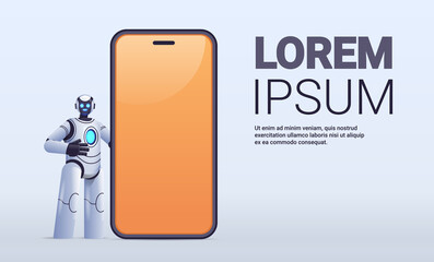modern robot cyborg standing near smartphone with blank screen robotic character artificial intelligence technology