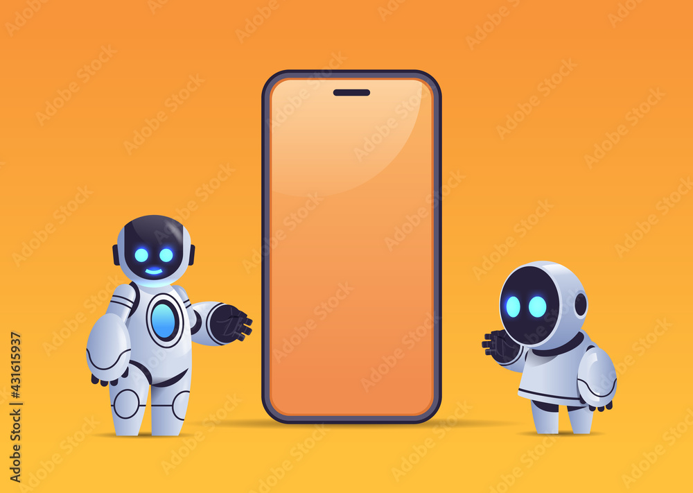 Poster two robots standing near smartphone with blank screen robotic character artificial intelligence tech
