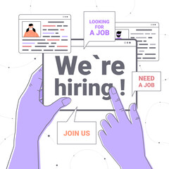 hr manager hand holding we are hiring join us web browser window vacancy open need a job recruitment concept