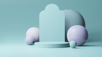 Step Stage Podium Stage backdrop with Arabic arch . 3d rendering