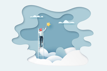 Business concept.Businessman on a ladder reaching the star above cloud.Paper art vector illustration. © Man As Thep
