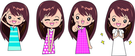 Cute cartoon vector girl collection On a white background 
