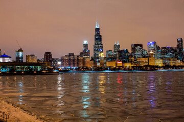 Chicago downtown skyline in the winter at night , Chicago, Illinois, USA
