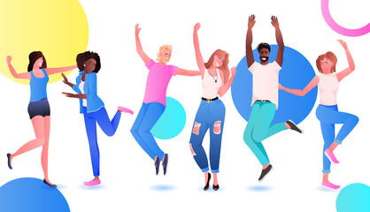 mix race friends standing together men women having fun