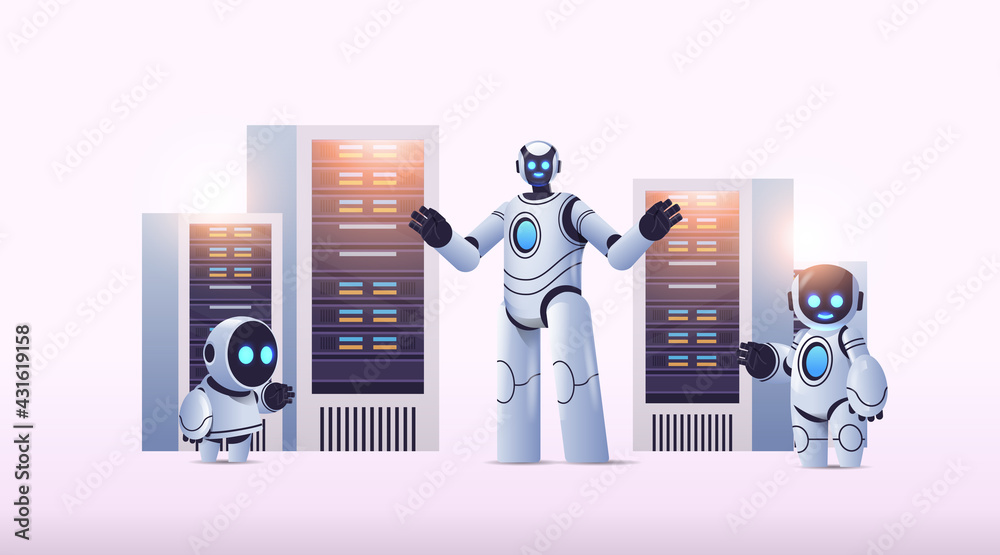 Poster robots in server room big cloud data analysis artificial intelligence technology concept