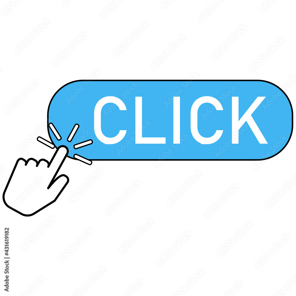 Poster flat icon with blue click bar. button hand pointer clicking. click here web button sign. clicking fi