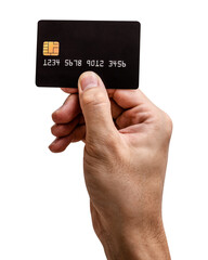 Male hand hold black credit card isolated on white background.