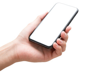 Male caucasian hand holding phone isolated on white background.	
