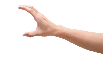 	
isolated of male caucasian hand holding something like a bottle or can.	

