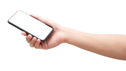 Male caucasian hand holding phone isolated on white background.	
