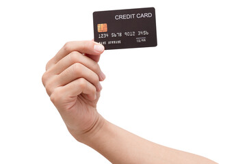 Male hand hold black credit card isolated on white background.
