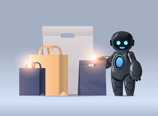 robot with purchases sale holiday shopping artificial intelligence technology concept horizontal