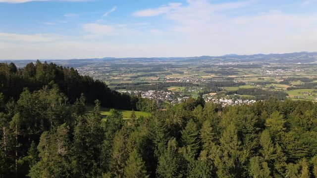 Aerial drone shot flying towards Pfannenstiel observation tower