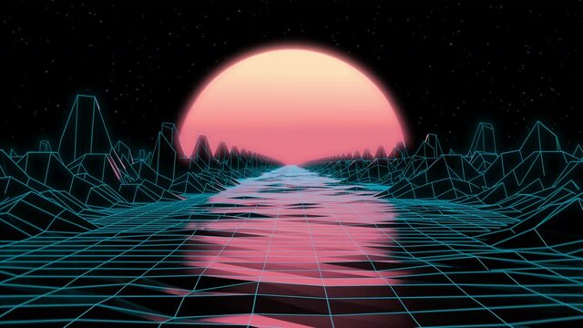 80s Retrowave CGI Animation. Blue Grid Neon Landscape With a Yellow Sunset on the horizon. Seamless Loop.